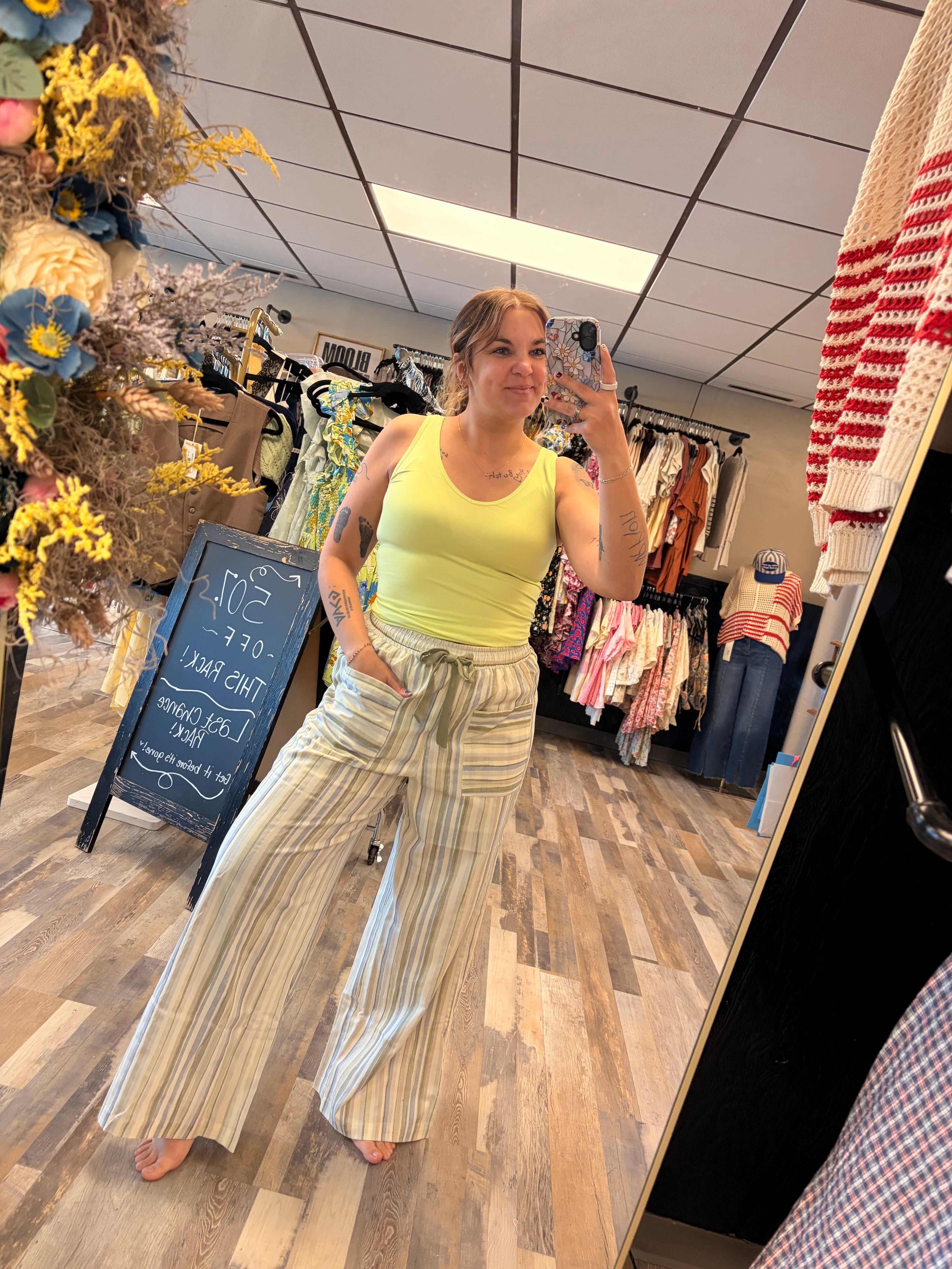 Dried Sage Multi Stripe Wide Leg Pants